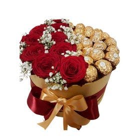 Caixa com 12 Rosas vermelhas mais Ferrero Rocher